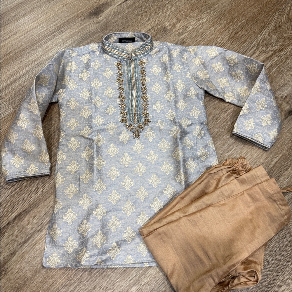 Traditional Kids Kurta Set in Light Blue and Gold - Brand: